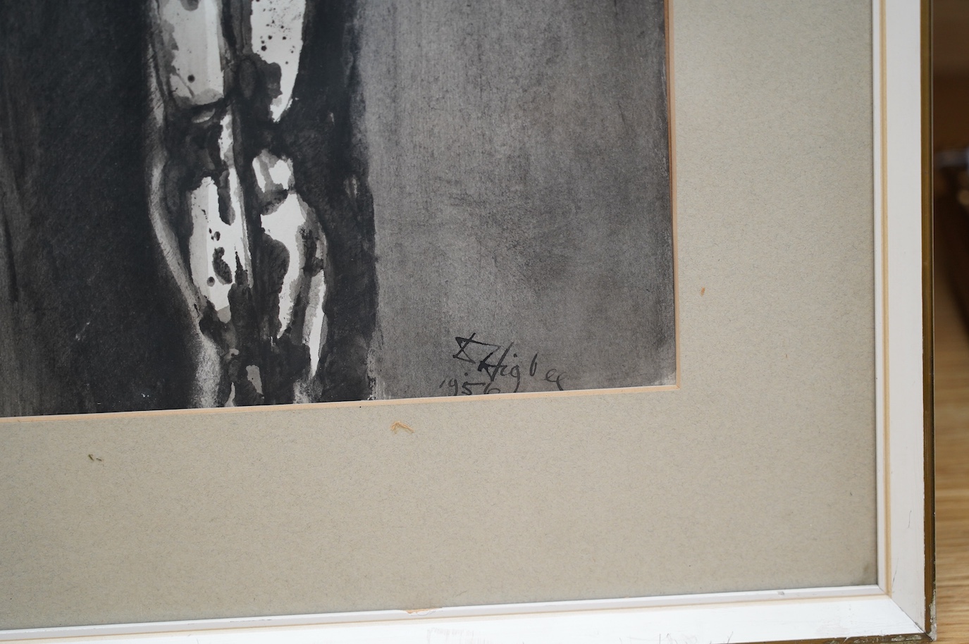 Denis Higbee (b.1925), monochrome watercolour, ‘Crucifixion’, signed and dated 1956, The Redfern Gallery label verso, 37cm x 26cm. Condition - good